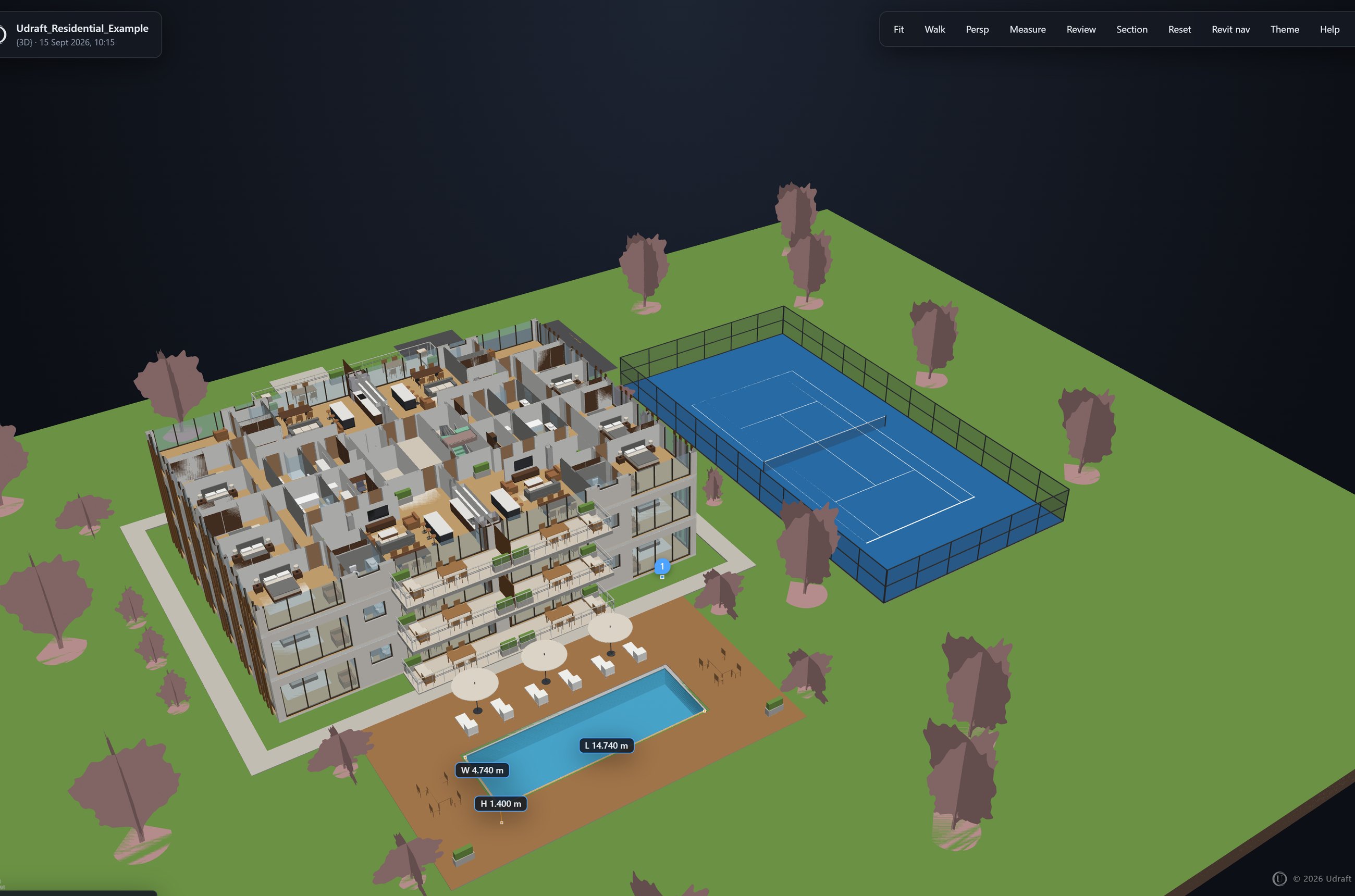 The Udraft 3D viewer showing an apartment building with its roof cut away by the section box, the pool with its kept dimensions, a review pin, the pool deck and a tennis court